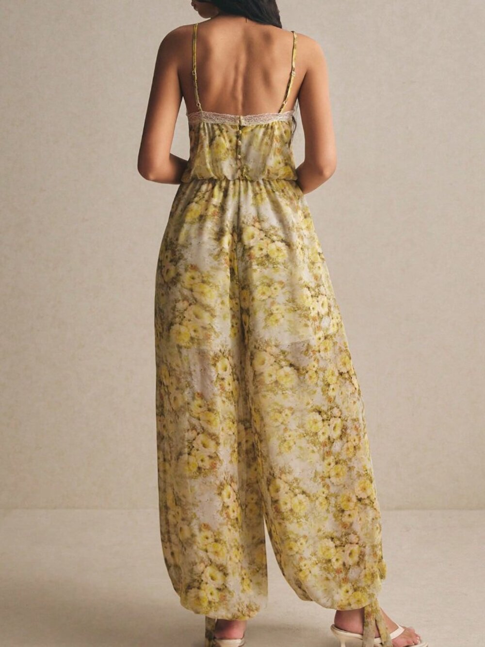 Multicolor Boho Women's Watercolor Lace Trim Wide Leg Chiffon Romper - Picture 2 of 8